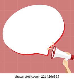 Hand Holding Megaphone Voice Device With Speech Balloon Presenting Fresh And Important News Messages. Bullhorn Drawing With Conversation Bubble Showing New Announcement.