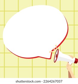 Hand Holding Megaphone Voice Device With Speech Balloon Presenting Fresh And Important News Messages. Bullhorn Drawing With Conversation Bubble Showing New Announcement.
