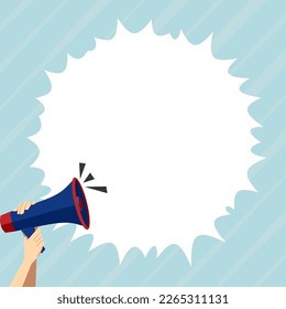 Hand Holding Megaphone Voice Device With Speech Balloon Presenting Fresh And Important News Messages. Bullhorn Drawing With Conversation Bubble Showing New Announcement.