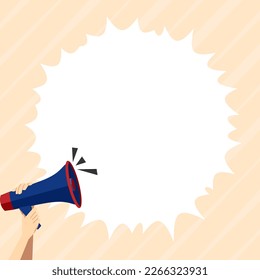 Hand Holding Megaphone Voice Device With Speech Balloon Presenting Fresh And Important News Messages. Bullhorn Drawing With Conversation Bubble Showing New Announcement.
