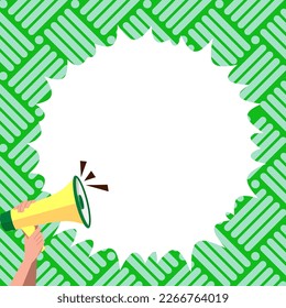 Hand Holding Megaphone Voice Device With Speech Balloon Presenting Fresh And Important News Messages. Bullhorn Drawing With Conversation Bubble Showing New Announcement.