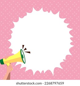 Hand Holding Megaphone Voice Device With Speech Balloon Presenting Fresh And Important News Messages. Bullhorn Drawing With Conversation Bubble Showing New Announcement.