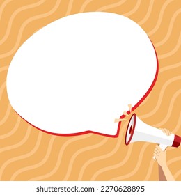 Hand Holding Megaphone Voice Device With Speech Balloon Presenting Fresh And Important News Messages. Bullhorn Drawing With Conversation Bubble Showing New Announcement.