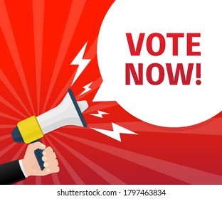 Hand holding megaphone. Vote icon for concept design. Voting concept. Vector illustration.