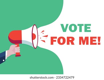 Hand Holding Megaphone Vote for me! banner advertising, loudspeaker vector illustrations, and flat cartoon announcement notifications.