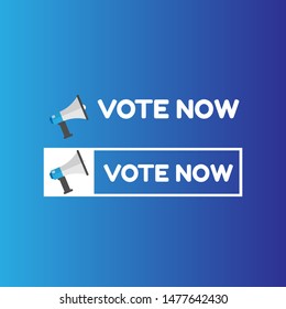 Hand Holding Megaphone with Vote now. sticker on blue background