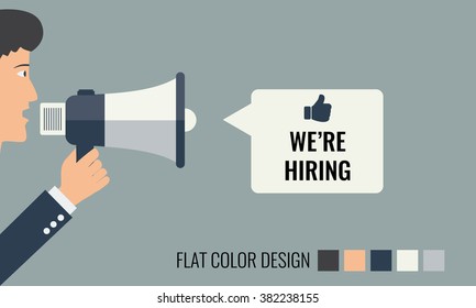 Hand holding megaphone - We are hiring. Illustrated vector