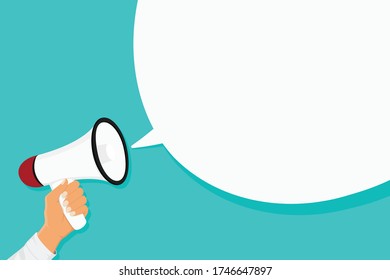 Mano sosteniendo un megáfono con un discurso de burbuja blanca sobre fondo azul.