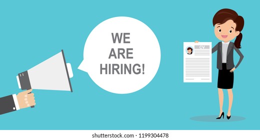 Hand holding megaphone and white speech bubble with we are hiring text,caucasian office worker female with resume,job search concept,flat vector illustration