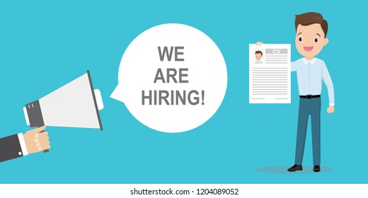 Hand holding megaphone and white speech bubble with we are hiring text,caucasian office worker male with resume,job search concept,flat vector illustration