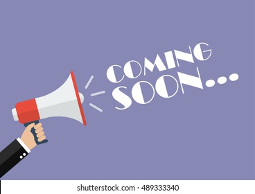 Hand Holding Megaphone With Word Coming Soon. Vector Illustration