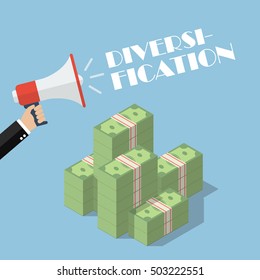 Hand holding megaphone with word diversification on top of cash money. diversification business concept