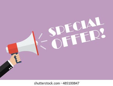 Hand holding megaphone with word special offer. Vector Illustration - Shutterstock ID 485100847