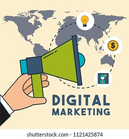 hand holding megaphone world creativity money digital marketing
