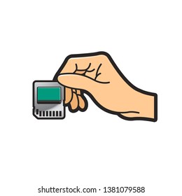 hand holding memory chip or card isolated on white vector drawing