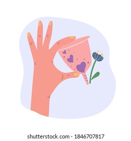 Hand holding menstrual cup. Flat illustration. Period, zero waste concept.