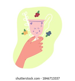 Mano sosteniendo la taza menstrual. Ilustración plana. Periodo, cero residuos, higiene en el concepto de días de la mujer.