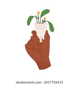 Hand holding menstruation cup with flowers. Zero waste reusable menstruation cup. Flat vector illustration isolated on white background.