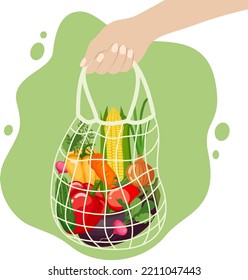 A hand holding a mesh ecological bag full of vegetables isolated on a green background. Zero waste and food concept. Vector illustration in a flat style.