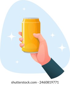 Hand holding a metal drink or beer can. Stock vector illustration