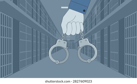 Hand holding metal handcuffs is positioned in front of a dark and gloomy prison corridor lined with rows of locked jail cells.