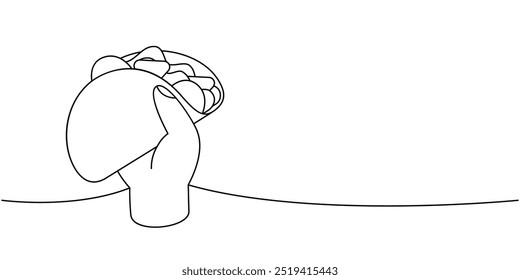 Hand holding Mexican beef taco one line continuous drawing. Traditional Mexican street fast food. Vector linear illustration.