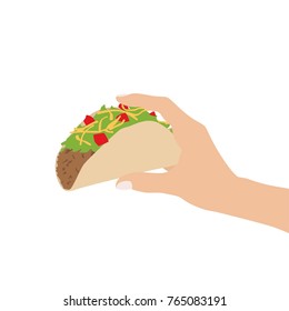 Hand holding a mexican taco, vector illustration design. Hands collection.