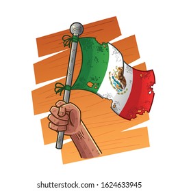 hand holding mexico torn flag. freedpm flag. vector illustration cartoon style