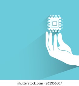 hand holding microchip on blue background, flat and shadow theme