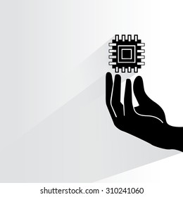 hand holding microchip on white background, flat and shadow theme