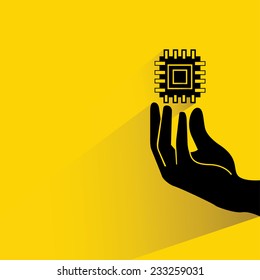 Hand Holding Microchip On Yellow Background, Flat And Shadow Theme