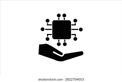 Hand holding microchip processor icon. Symbol of AI technology support, digital solutions, hardware innovation, electronic components, and tech care. Flat illustrator vector file. High-quality image