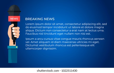 Hand holding microphone, breaking news. Flat design vector illustration EPS 10