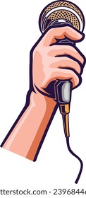 Hand holding a microphone. Concept of journalist, discussion. Vector illustration of Singer hold a mic. Good for Karaoke Icon, mascot, logo, sticker, clip art, label.