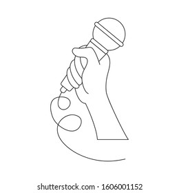 Hand holding the microphone. Continuous linear drawing wired dynamic microphone. Minimalistic linear design. Black line art. Concept of karaoke or the performance of the speaker.