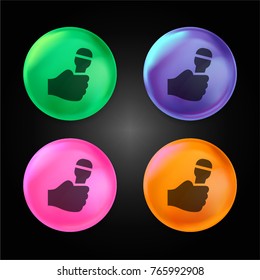 Hand holding up a microphone crystal ball design icon in green - blue - pink and orange.