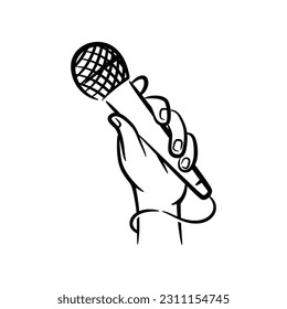 Hand holding microphone hand drawn line art illustration, A fist hand holding a microphone or mic