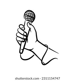 Hand holding microphone hand drawn line art illustration, A fist hand holding a microphone or mic