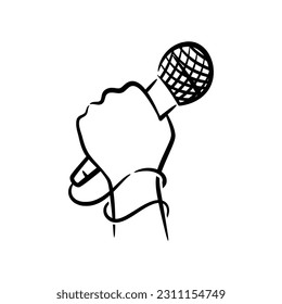 Hand holding microphone hand drawn line art illustration, A fist hand holding a microphone or mic