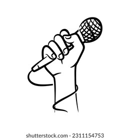 Hand holding microphone hand drawn line art illustration, A fist hand holding a microphone or mic