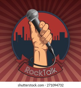 hand holding a microphone in a fist. retro rock poster. vector illustration.  rock talk print