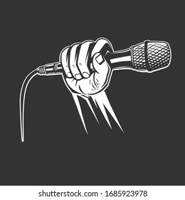 Hand holding a microphone in a fist. vector illustration.