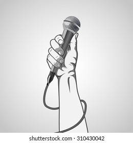 hand holding a microphone in a fist.  vector illustration