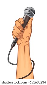 Hand Holding A Microphone In A Fist. Vector Illustration