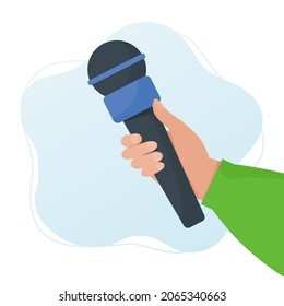 Hand holding the microphone. Flat design vector illustration. Live news, journalist, interview concpt.