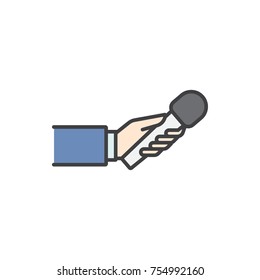 Hand holding microphone flat line colored icon.