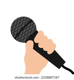 Hand holding microphone. Guy man woman girl singing. Music karaoke party. Cute cartoon funny character. News journalist speech concept. Flat design. White background. Vector illustration