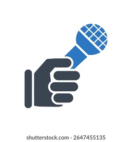 A hand holding a microphone icon