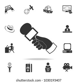 hand holding a microphone icon. Detailed set icons of Media element icon. Premium quality graphic design. One of the collection icons for websites, web design, mobile app on white background