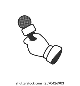 Hand holding microphone icon. Journalism, live news or reporters interviews concept. Mic in hands of man.